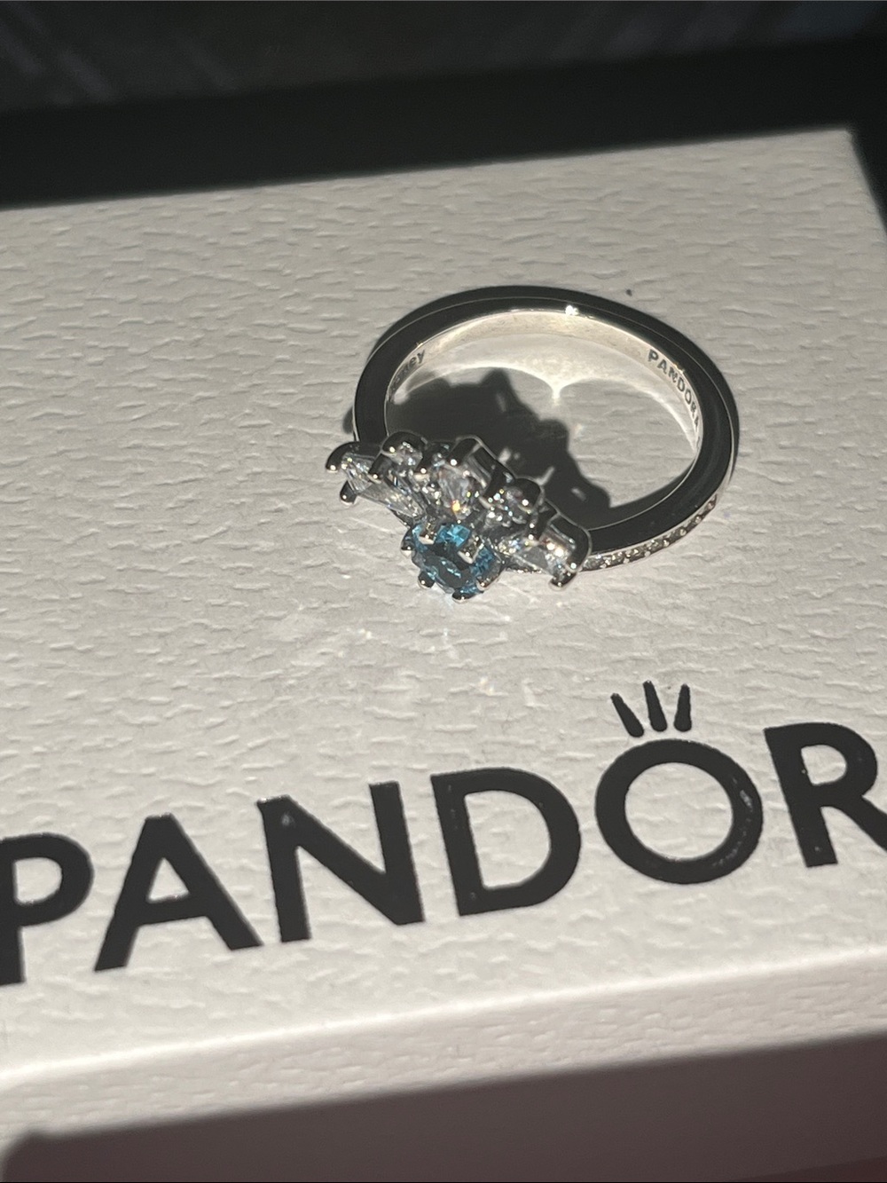Pandora Silver Ring with Blue Center Stone and Clear Accents size 6